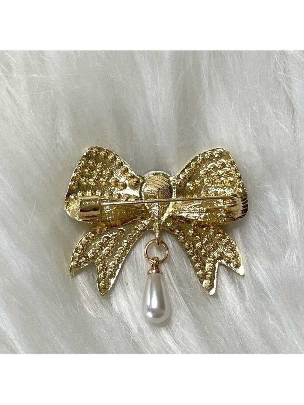 Bow Brooch Gold Tone Pink and Clear Crystals Pearl Drop - Picture 2 of 5